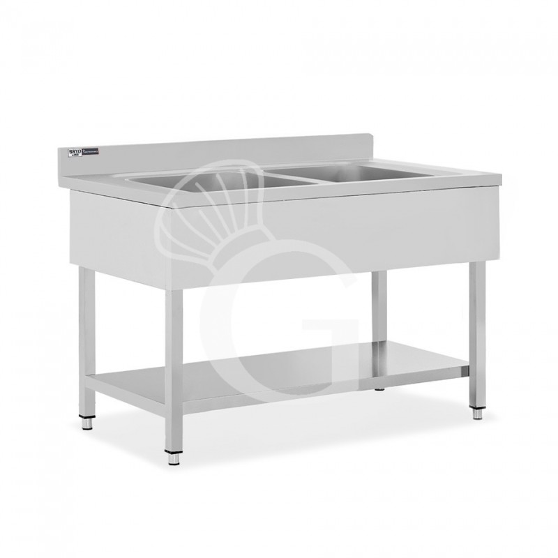 Spültisch, 2 Becken, Grundboden, Aufkantung, Hahnloch Ø 32 mm, B 1200 mm x T 700 mm x H 965 mm