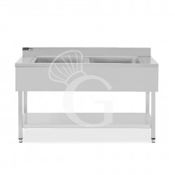 Spültisch, 2 Becken, Grundboden, Aufkantung, Hahnloch Ø 32 mm, B 1400 mm x T 700 mm x H 965 mm