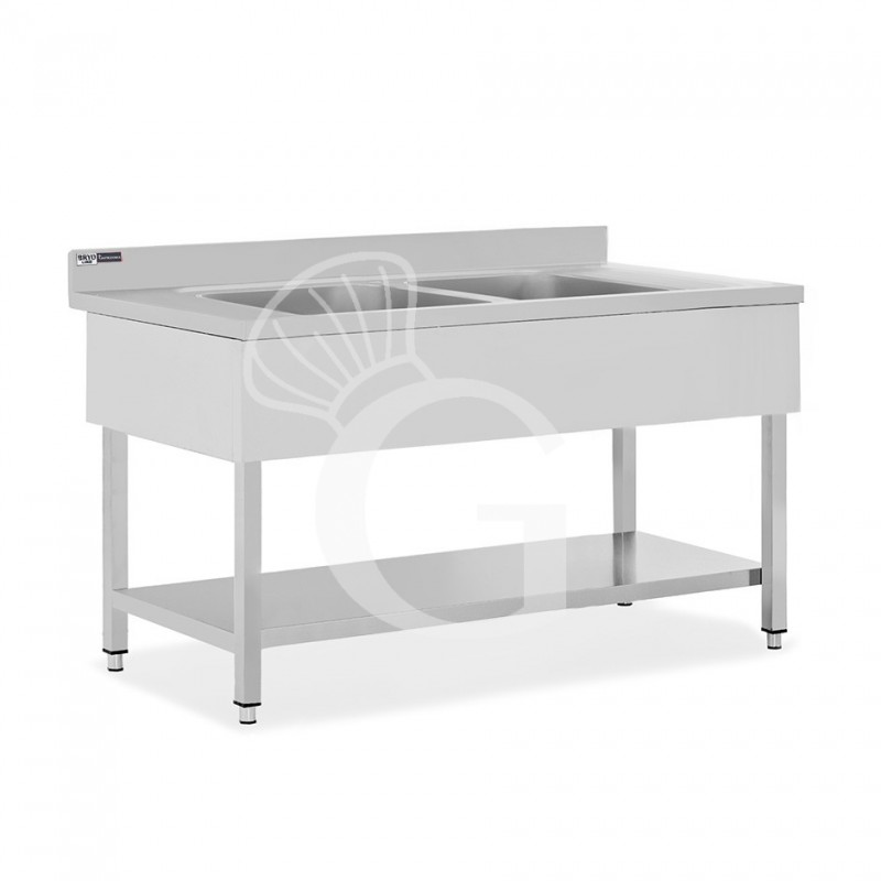 Spültisch, 2 Becken, Grundboden, Aufkantung, Hahnloch Ø 32 mm, B 1400 mm x T 700 mm x H 965 mm