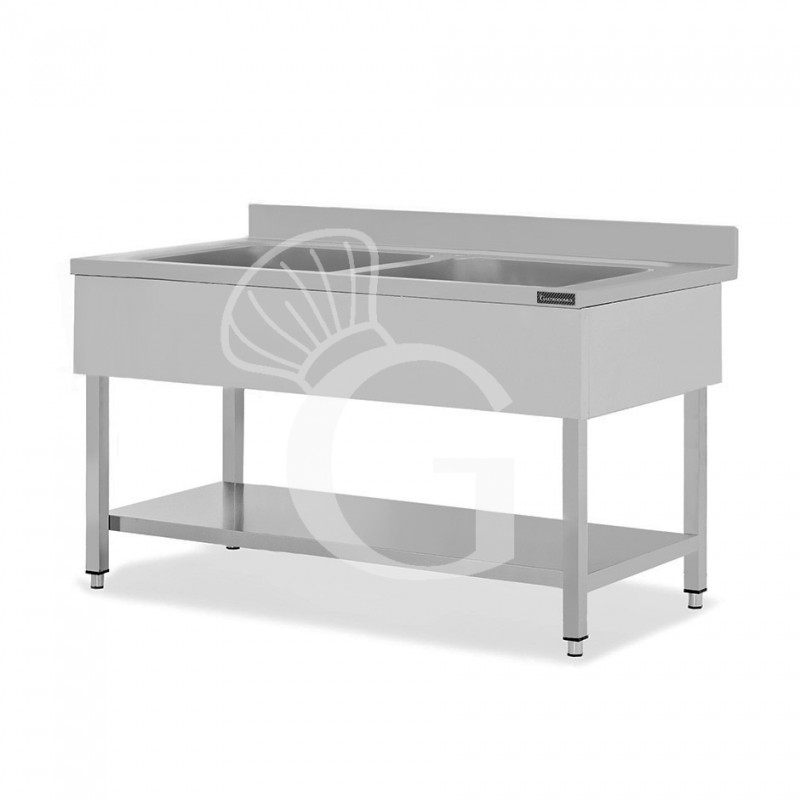 Topf-Spültisch, Edelstahl, 2 Becken, Grundboden, Aufkantung, B 1600 mm x T 700 mm x H 950 mm