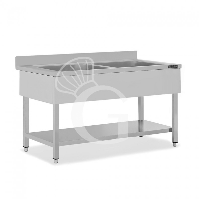 Topf-Spültisch, Edelstahl, 2 Becken, Grundboden, Aufkantung, B 1600 mm x T 700 mm x H 950 mm