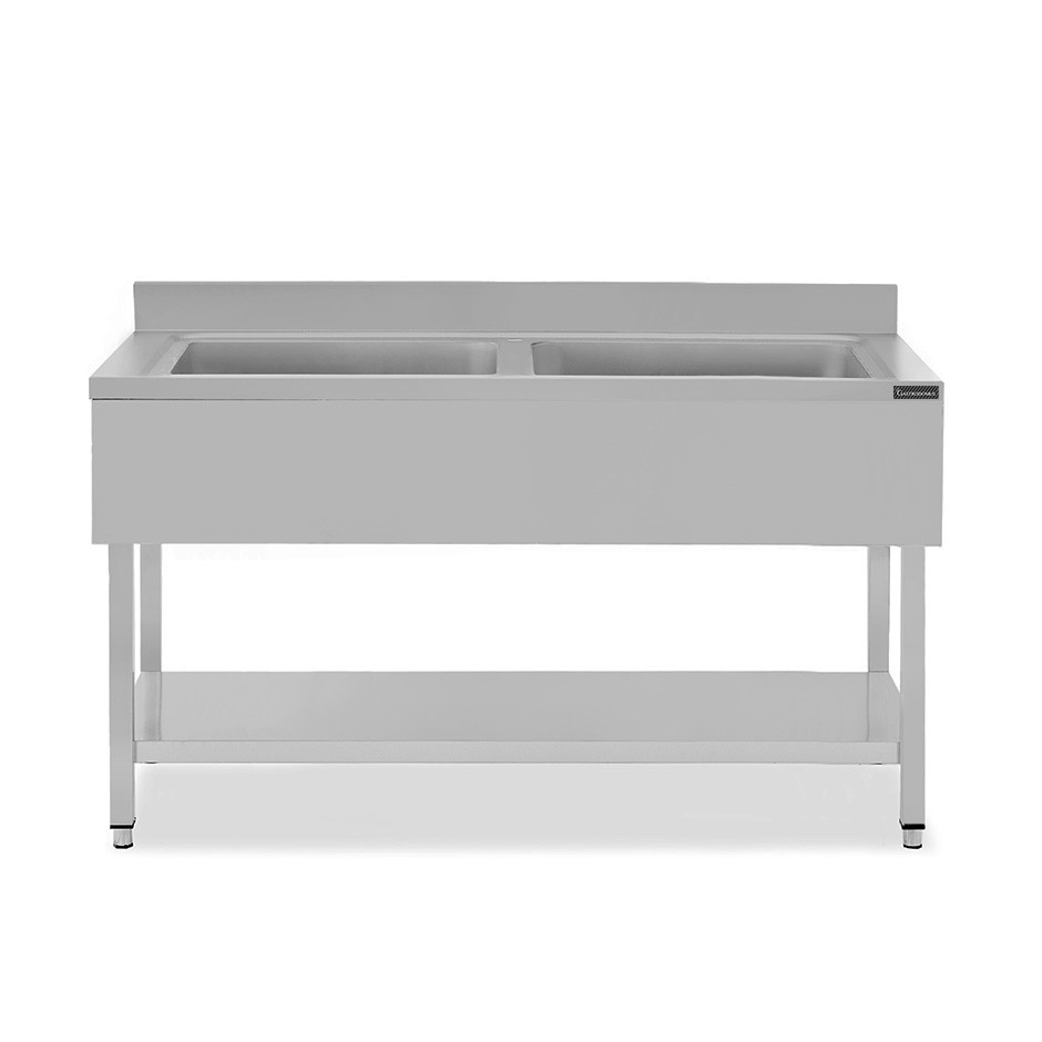 Spültisch, Edelstahl, 2 Becken, Grundboden, Aufkantung, B 1600 mm x T 600 mm x H 950 mm