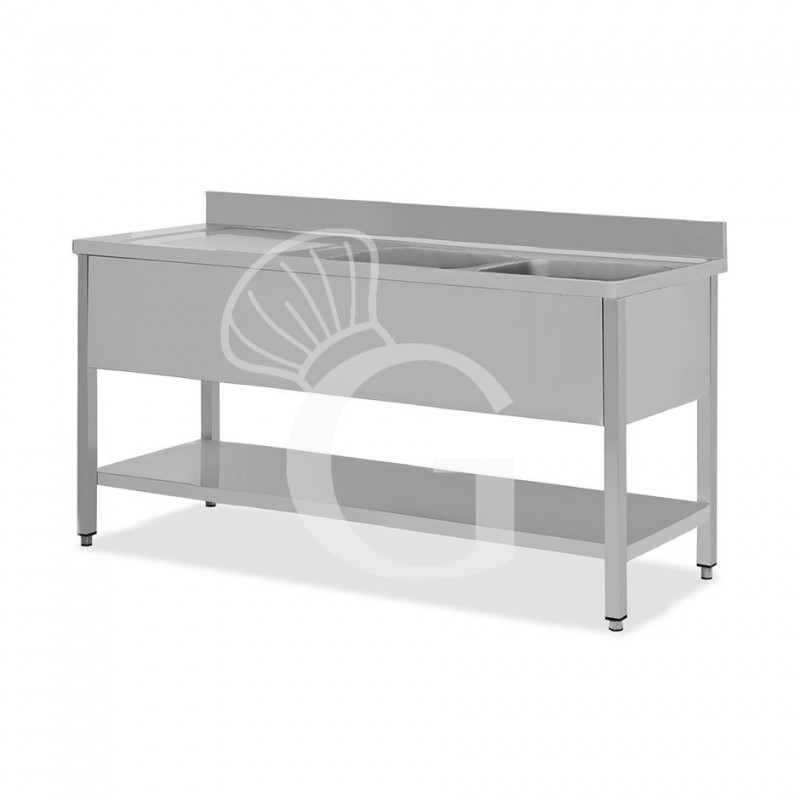 Spültisch, Edelstahl, Grundboden, Aufkantung, 2 Becken, Abtropffläche links, Hahnloch (Ø 32 mm), B 2000 mm x T 600 mm x H 965 mm