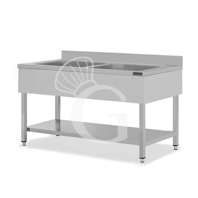 Topf-Spültisch, Edelstahl, 2 Becken, Grundboden, Aufkantung, B 1800 mm x T 700 mm x H 950 mm