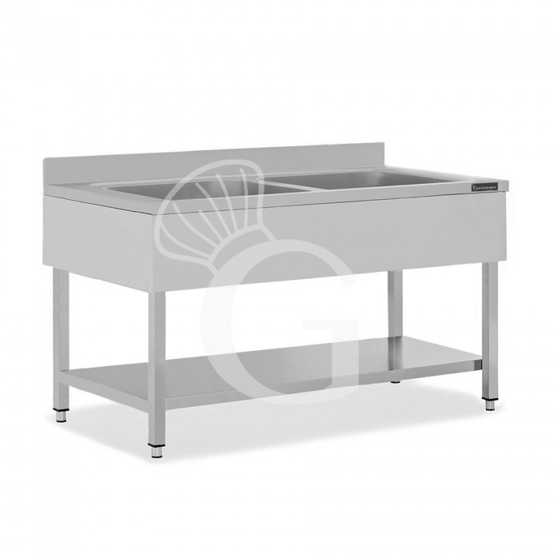 Topf-Spültisch, Edelstahl, 2 Becken, Grundboden, Aufkantung, B 1800 mm x T 700 mm x H 950 mm