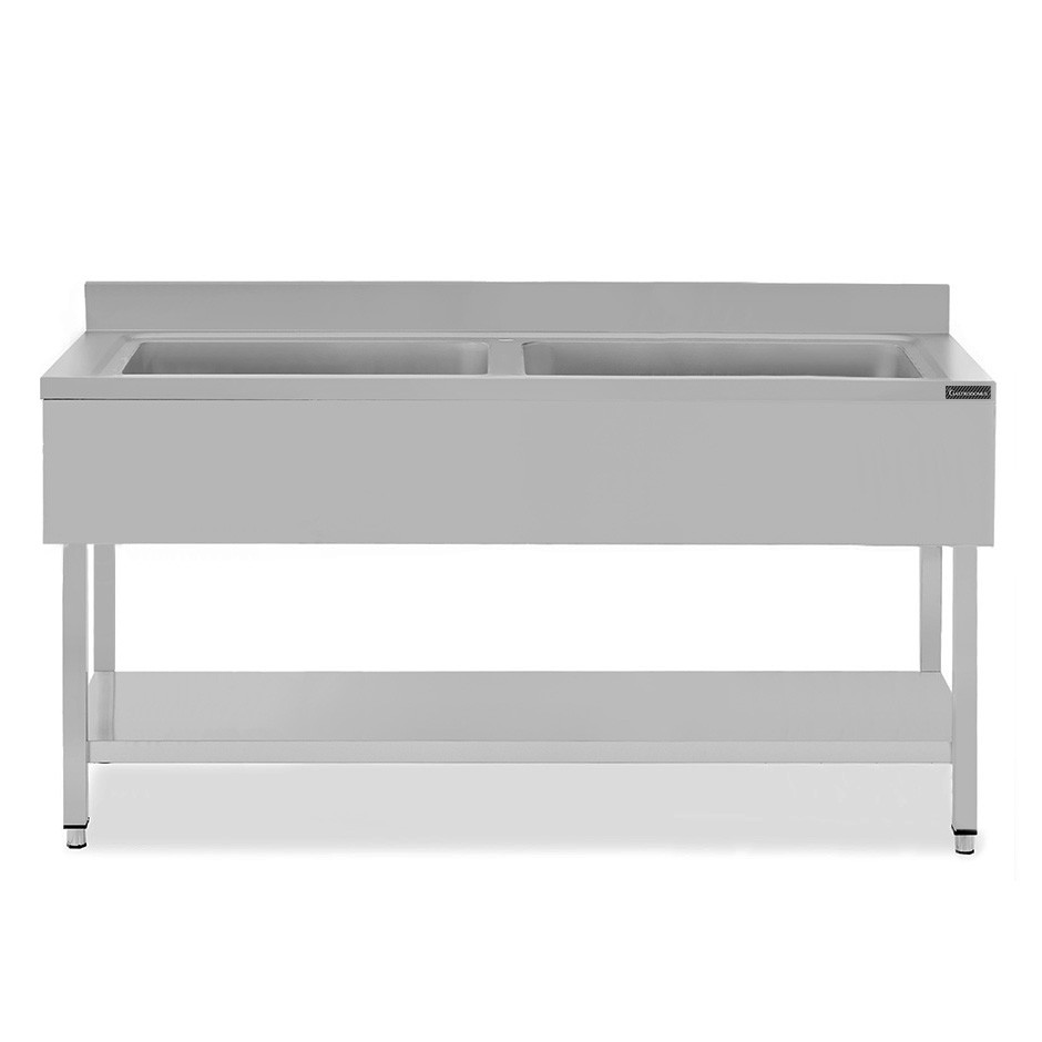 Topf-Spültisch, Edelstahl, 2 Becken, Grundboden, Aufkantung, B 2000 mm x T 600 mm x H 950 mm