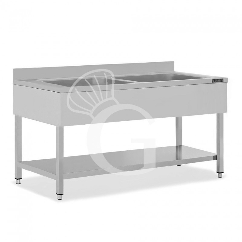 Topf-Spültisch, Edelstahl, 2 Becken, Grundboden, Aufkantung, B 2000 mm x T 700 mm x H 950 mm