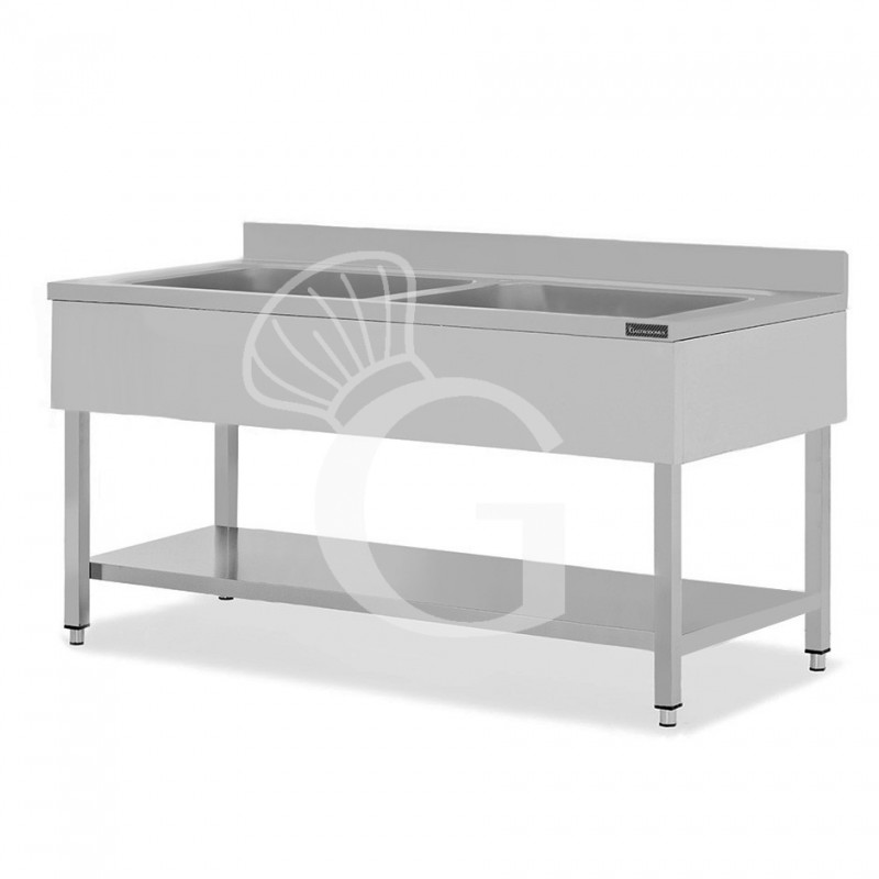 Topf-Spültisch, Edelstahl, 2 Becken, Grundboden, Aufkantung, B 2000 mm x T 700 mm x H 950 mm