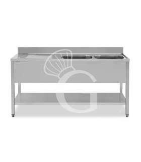 Spültisch, Edelstahl, Grundboden, Aufkantung, 2 Becken, Abtropffläche links, Hahnloch (Ø 32 mm),B 1900 mm x T 600 mm x H 965 mm