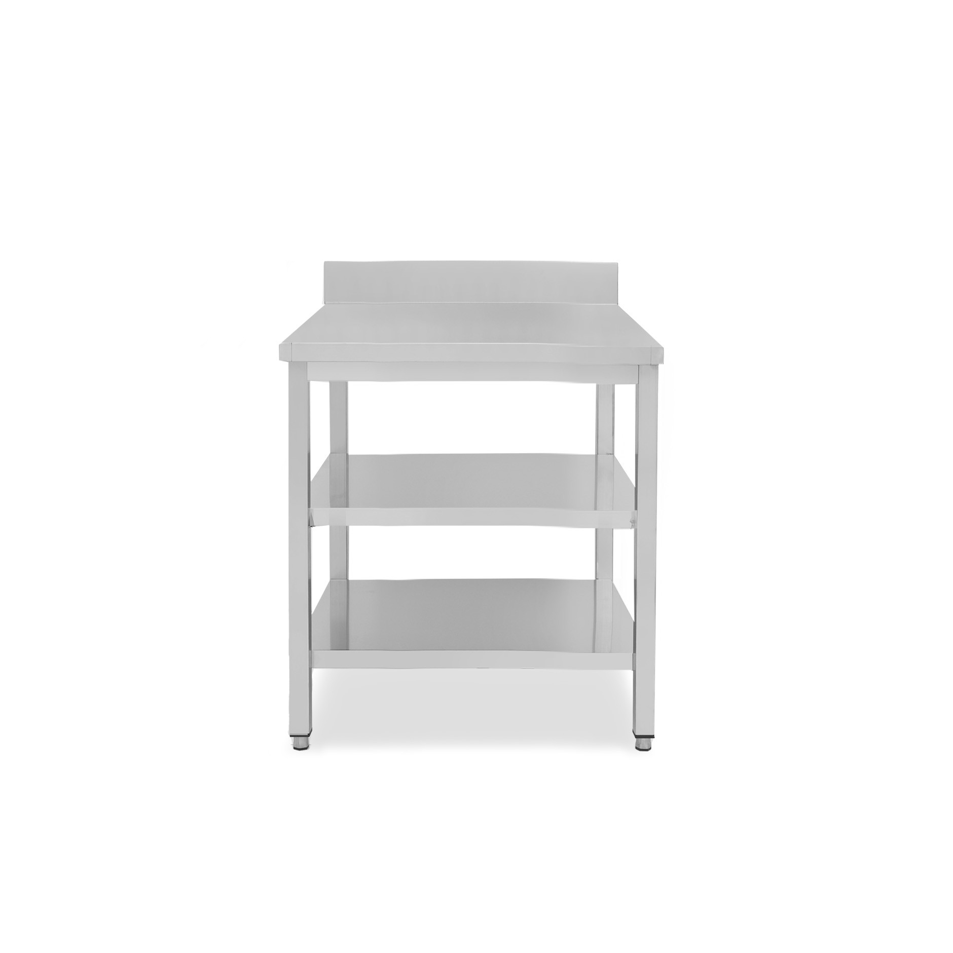 Tavolo semplice in acciaio inox con 2 ripiani, alzatina e misure L 700 mm x P 800 mm x H 850 mm