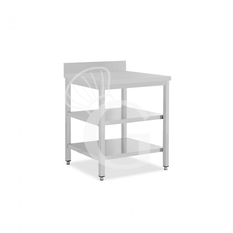 Tavolo semplice in acciaio inox con 2 ripiani, alzatina e misure L 700 mm x P 800 mm x H 850 mm