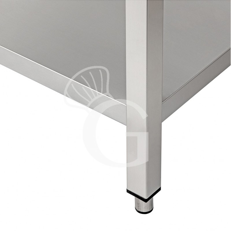 Tavolo semplice in acciaio inox con 2 ripiani, alzatina e misure L 700 mm x P 800 mm x H 850 mm