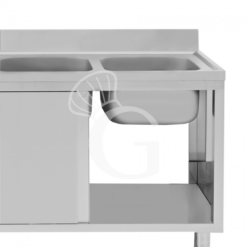 Spülschrank, Edelstahl, Schiebetüren, 2 Becken, Abtropffläche links, Aufkantung, Hahnloch Ø 32 mm, B 1600 x T 700 x H 965 mm