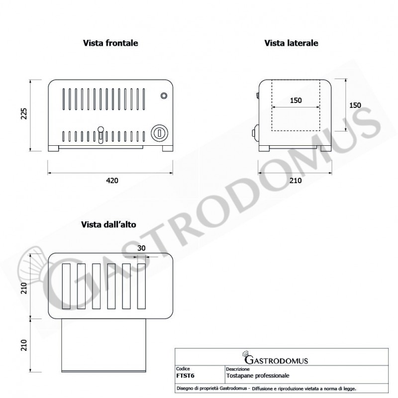 Gastro Toaster, 6 Brotscheiben, Krümelschublade, B 420 mm x T 210 mm x H 225 mm