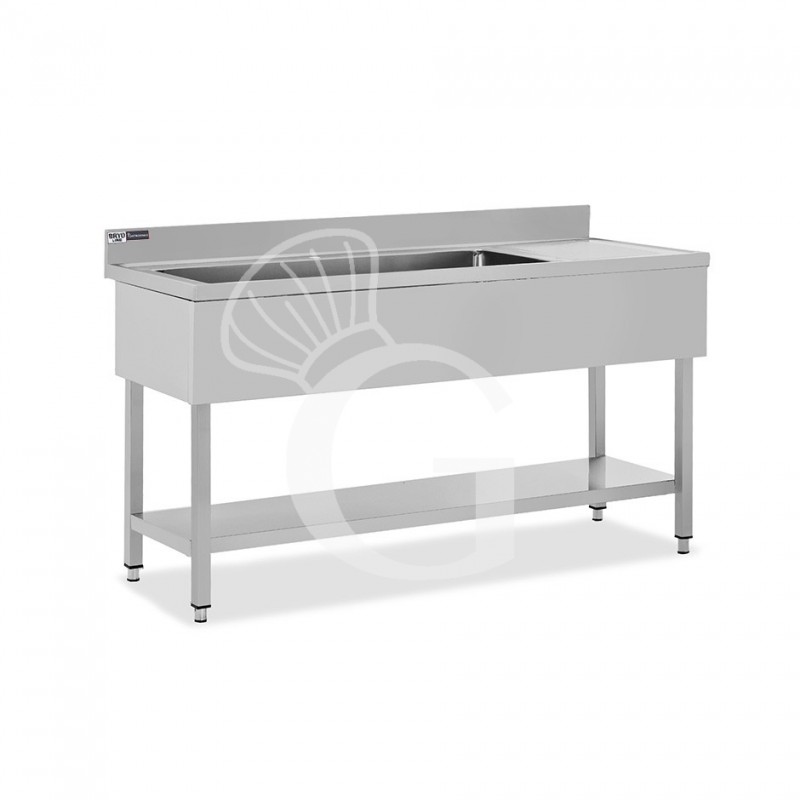 Topfspültisch, Edelstahl, Abtropffläche rechts, Grundboden, Aufkantung, 1 Becken, B 1500 x T 600 x H 965 mm, Hahnloch (Ø 32 mm)