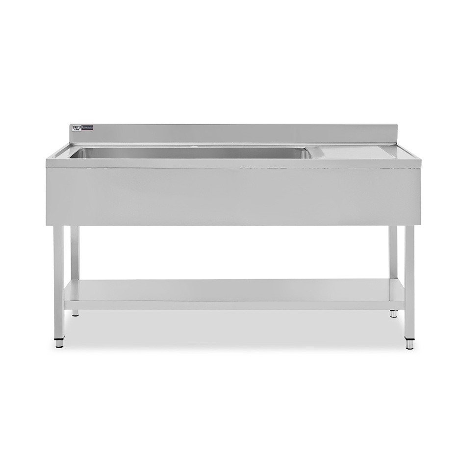 Topfspültisch, Edelstahl, Abtropffläche rechts, Grundboden, Aufkantung, 1 Becken, B 1500 x T 600 x H 965 mm, Hahnloch (Ø 32 mm)