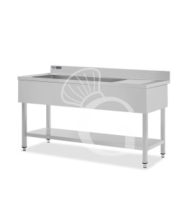 Topfspültisch, Edelstahl, Abtropffläche rechts, Grundboden, Aufkantung, 1 Becken, B 1600 x T 700 x H 965 mm, Hahnloch (Ø 32 mm)
