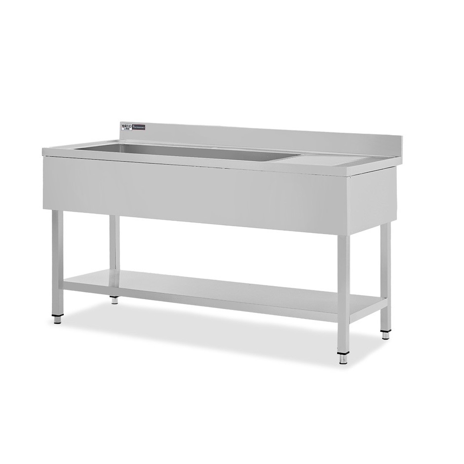 Topfspültisch, Edelstahl, Abtropffläche rechts, Grundboden, Aufkantung, 1 Becken, B 1600 x T 700 x H 965 mm, Hahnloch (Ø 32 mm)