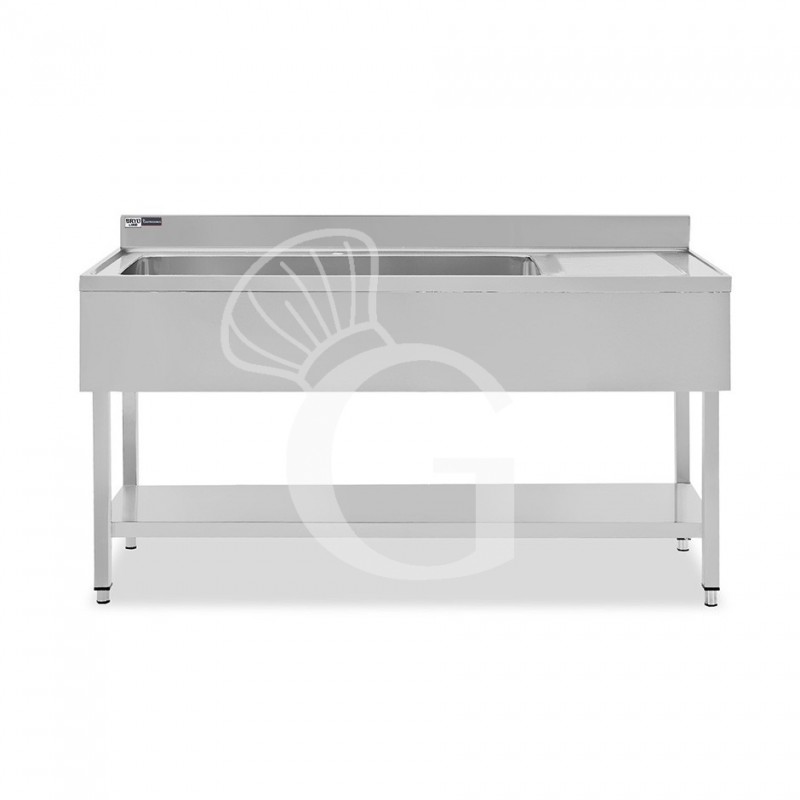 Topfspültisch, Edelstahl, Abtropffläche rechts, Grundboden, Aufkantung, 1 Becken, B 1600 x T 700 x H 965 mm, Hahnloch (Ø 32 mm)