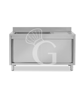 Spülschrank, Edelstahl, Schiebetüren, 1 Becken, Abtropffläche rechts, Aufkantung, Hahnloch Ø 32 mm, B 1600 x T 700 x H 965 mm