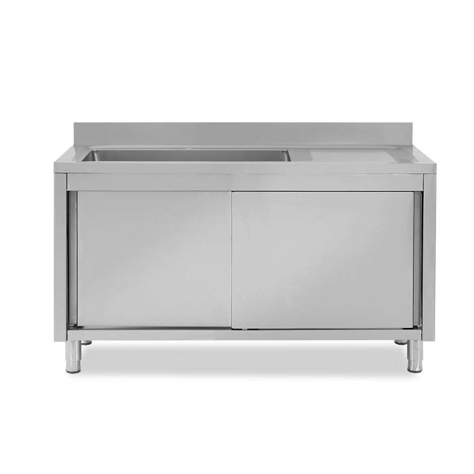 Spülschrank, Edelstahl, Schiebetüren, 1 Becken, Abtropffläche rechts, Aufkantung, Hahnloch Ø 32 mm, B 1600 x T 700 x H 965 mm