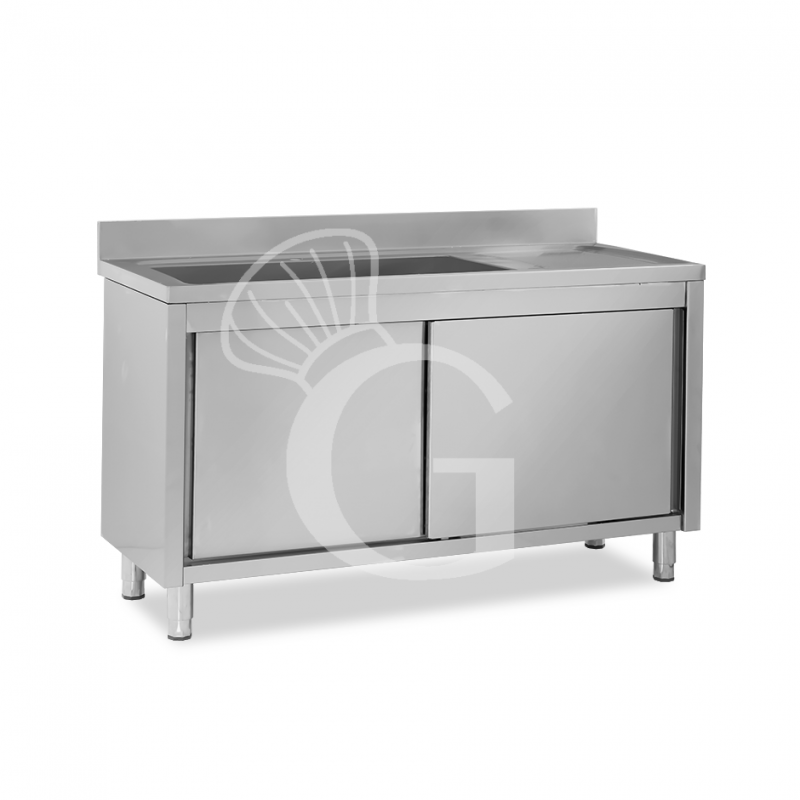 Spülschrank, Edelstahl, Schiebetüren, 1 Becken, Abtropffläche rechts, Aufkantung, Hahnloch Ø 32 mm, B 1600 x T 700 x H 965 mm