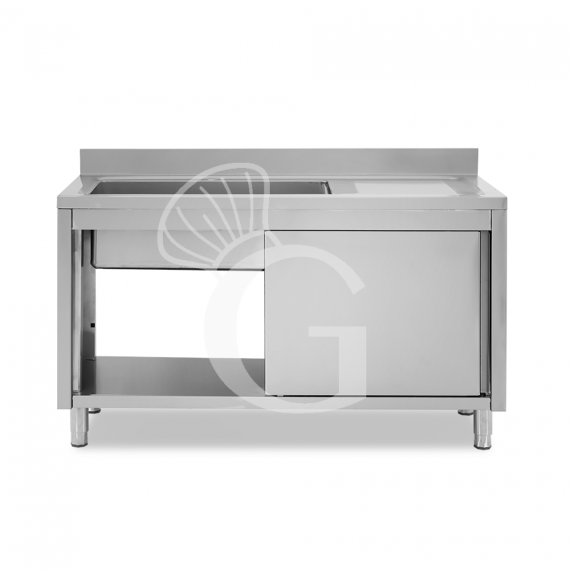 Spülschrank, Edelstahl, Schiebetüren, 1 Becken, Abtropffläche rechts, Aufkantung, Hahnloch Ø 32 mm, B 1600 x T 700 x H 965 mm