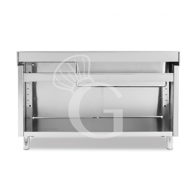 Spülschrank, Edelstahl, Schiebetüren, 1 Becken, Abtropffläche rechts, Aufkantung, Hahnloch Ø 32 mm, B 1600 x T 700 x H 965 mm