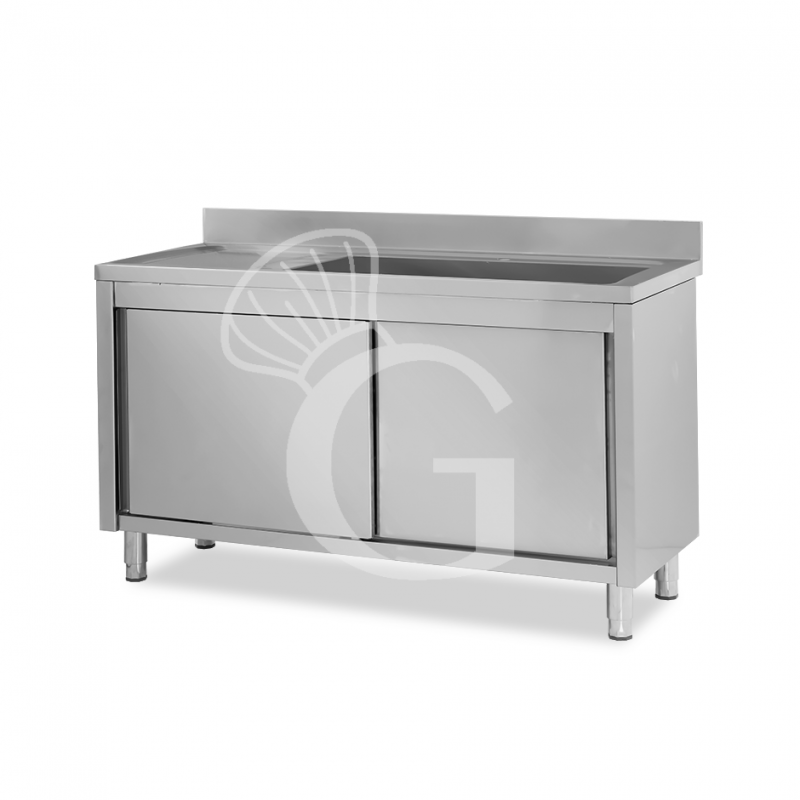 Spülschrank, Edelstahl, Schiebetüren, 1 Becken, Abtropffläche links, Aufkantung, B 1600 mm x T 600 mm x H 950 mm