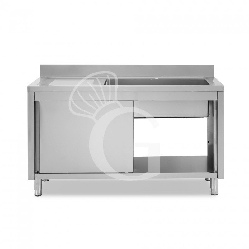 Spülschrank, Edelstahl, Schiebetüren, 1 Becken, Abtropffläche links, Aufkantung, B 1600 mm x T 600 mm x H 950 mm