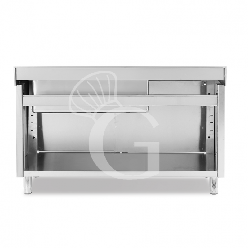 Spülschrank, Edelstahl, Schiebetüren, 1 Becken, Abtropffläche links, Aufkantung, B 1600 mm x T 600 mm x H 950 mm