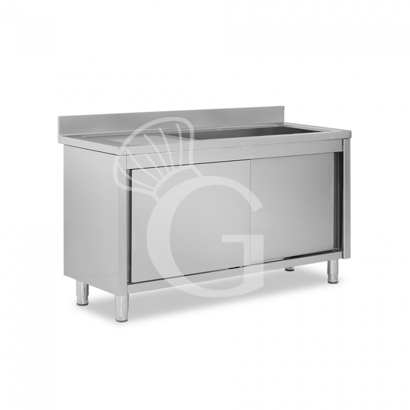 Spülschrank, Edelstahl, Schiebetüren, 1 Becken, Abtropffläche links, Aufkantung, B 1600 mm x T 600 mm x H 950 mm