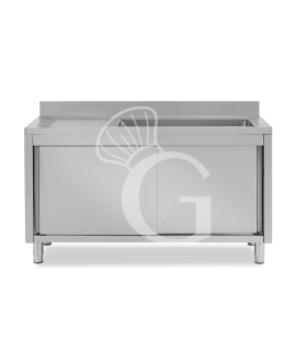 Spülschrank, Edelstahl, Schiebetüren, 1 Becken, Abtropffläche links, Aufkantung, B 1600 mm x T 600 mm x H 950 mm