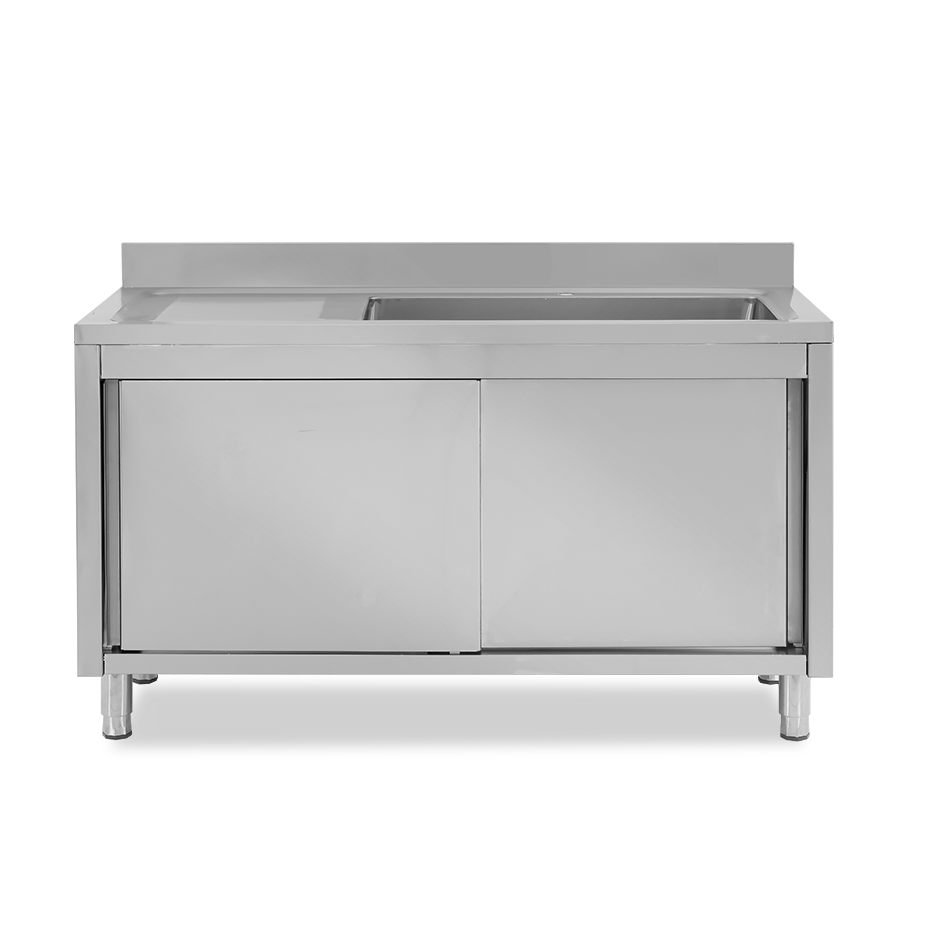 Spülschrank, Edelstahl, Schiebetüren, 1 Becken, Abtropffläche links, Aufkantung, Hanhloch Ø 32 mm, B 1600 x T 700 x H 965 mm