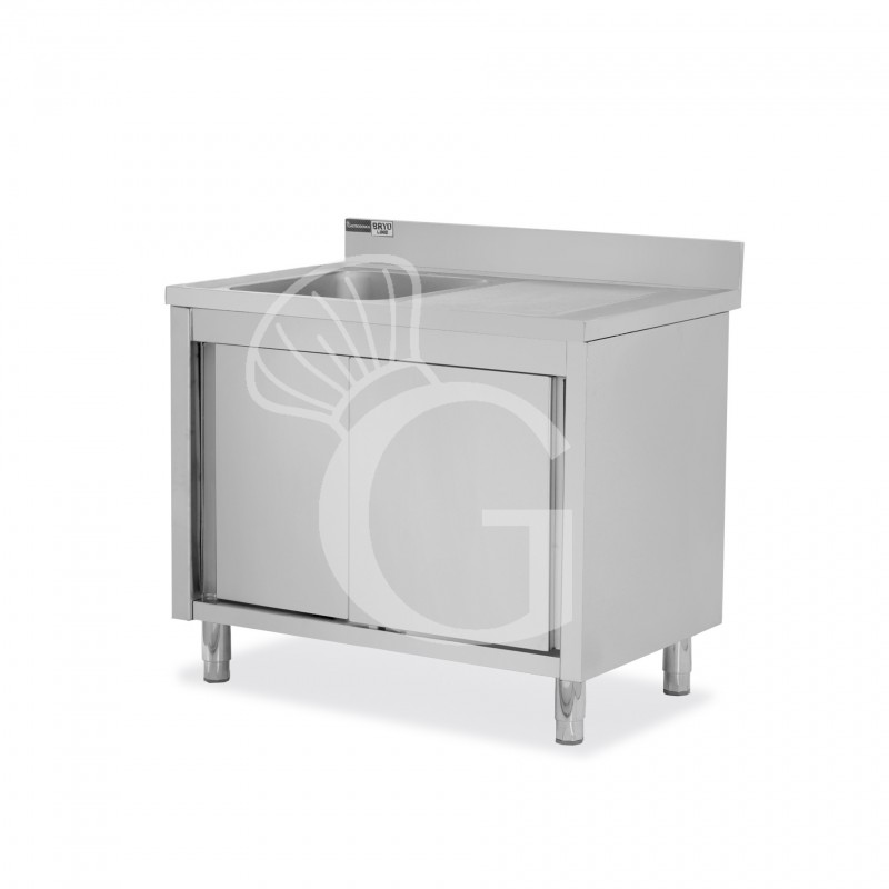 Spülschrank, Edelstahl, Schiebetüren, 1 Becken, Abtropffläche rechts, Aufkantung, Hahnloch Ø 32 mm, B 1000 x T 700 x H 965 mm