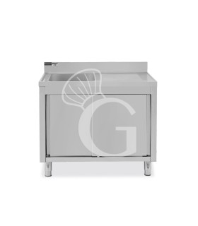 Spülschrank, Edelstahl, Schiebetüren, 1 Becken, Abtropffläche rechts, Aufkantung, Hahnloch Ø 32 mm, B 1000 x T 700 x H 965 mm