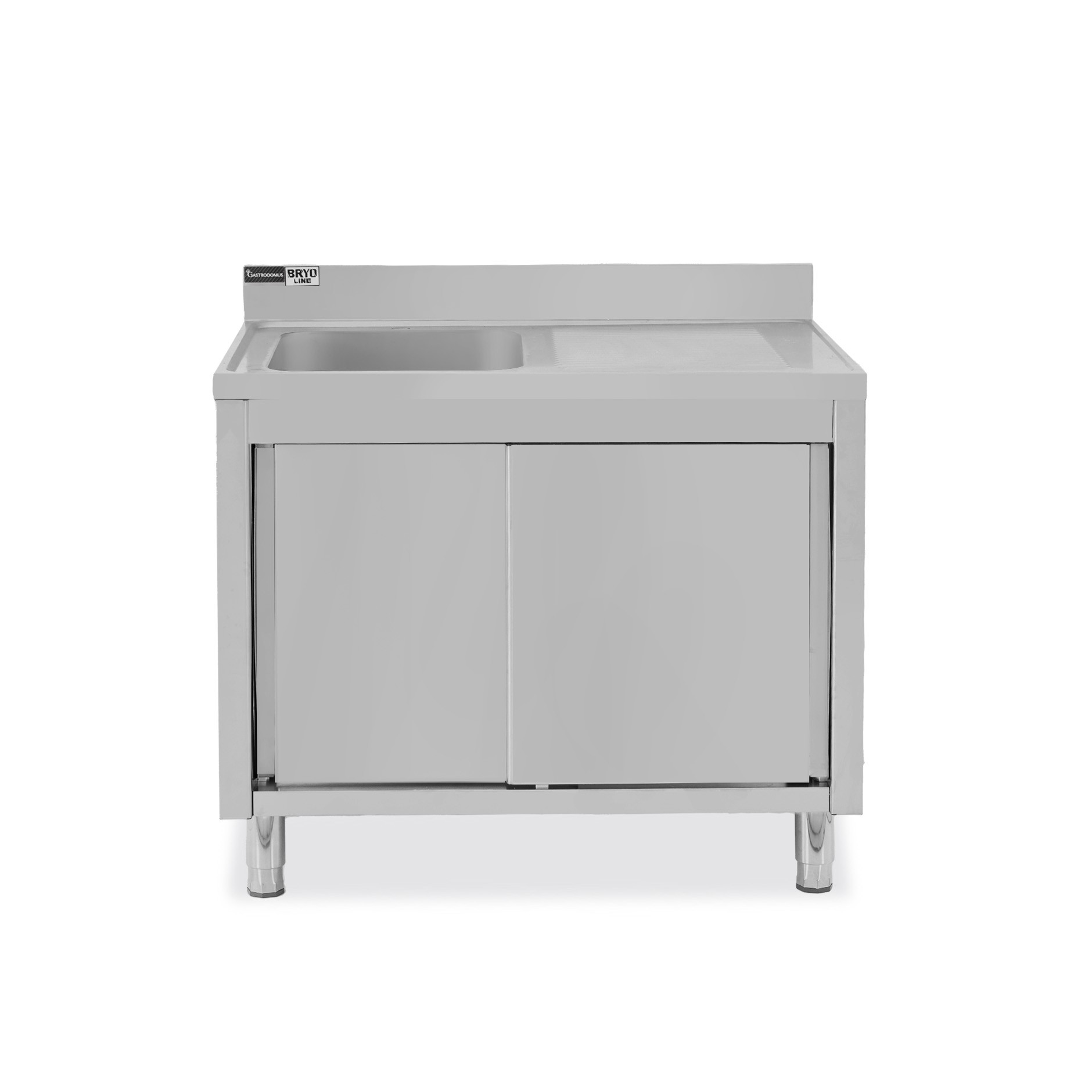 Spülschrank, Edelstahl, Schiebetüren, 1 Becken, Abtropffläche rechts, Aufkantung, Hahnloch Ø 32 mm, B 1000 x T 700 x H 965 mm