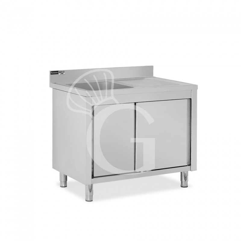 Spülschrank, Edelstahl, Schiebetüren, 1 Becken, Abtropffläche rechts, Aufkantung, Hahnloch Ø 32 mm, B 1000 x T 700 x H 965 mm