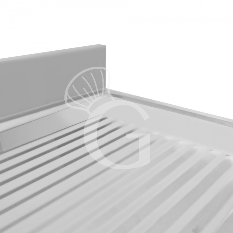 Spülschrank, Edelstahl, Schiebetüren, 1 Becken, Abtropffläche rechts, Aufkantung, B 1200 x T 600 x H 965 mm, Hahnloch (Ø 32 mm)