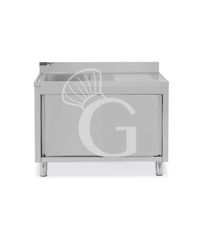 Spülschrank, Edelstahl, Schiebetüren, 1 Becken, Abtropffläche rechts, Aufkantung, Hahnloch Ø 32 mm, B 1300 x T 700 x H 965 mm