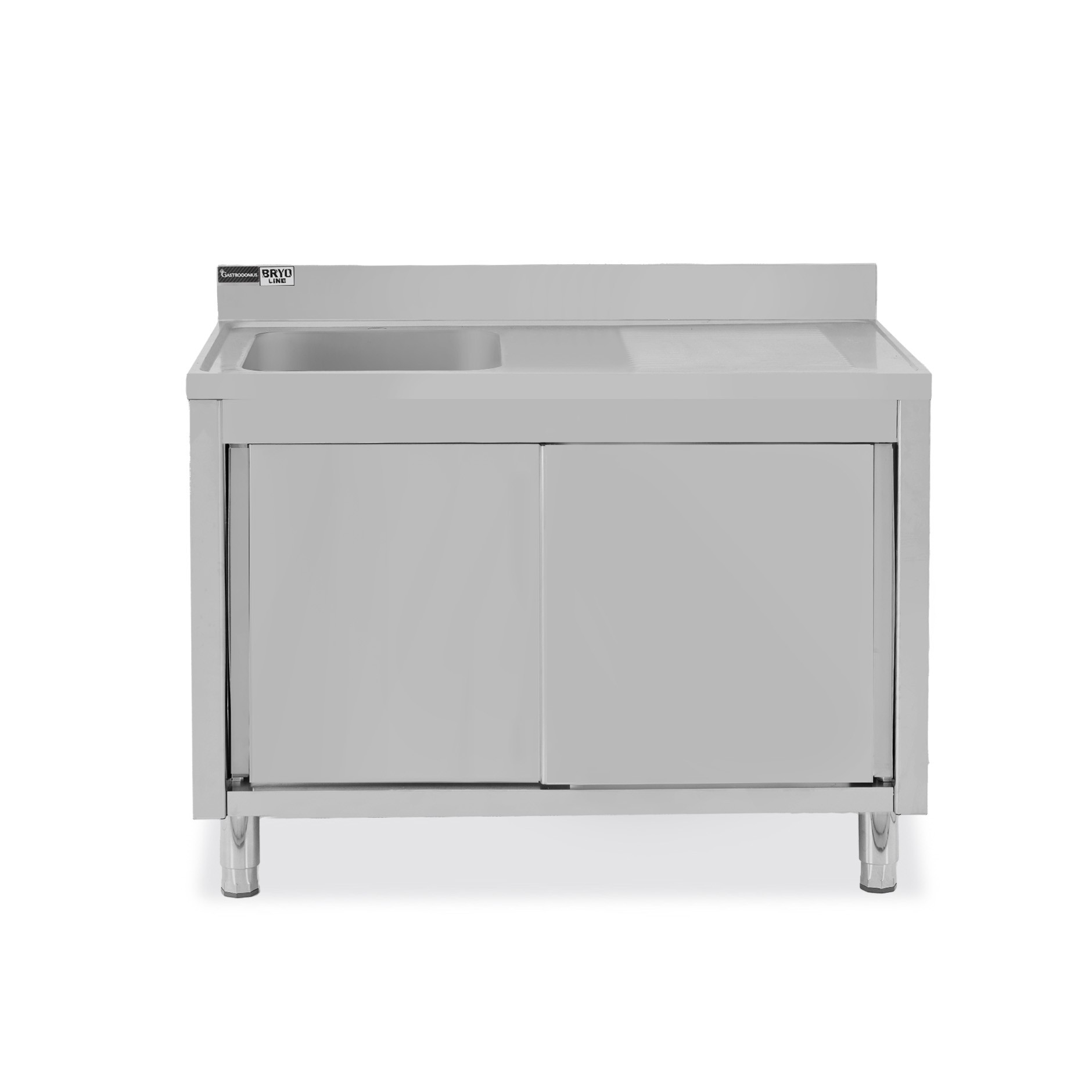 Spülschrank, Edelstahl, Schiebetüren, 1 Becken, Abtropffläche rechts, Aufkantung, Hahnloch Ø 32 mm, B 1300 x T 700 x H 965 mm