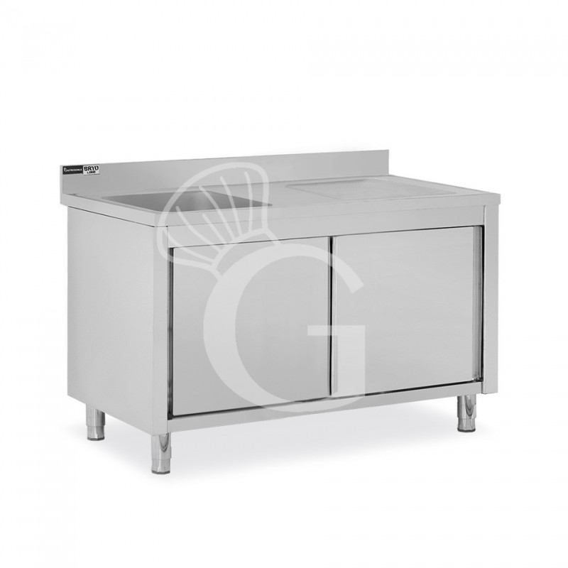 Spülschrank, Edelstahl, Schiebetüren, 1 Becken, Abtropffläche rechts, Aufkantung, Hahnloch Ø 32 mm, B 1400 x T 600 x H 965 mm