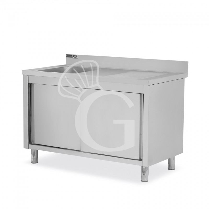 Spülschrank, Edelstahl, Schiebetüren, 1 Becken, Abtropffläche rechts, Aufkantung, Hahnloch Ø 32 mm, B 1400 x T 600 x H 965 mm