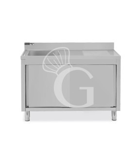 Spülschrank, Edelstahl, Schiebetüren, 1 Becken, Abtropffläche rechts, Aufkantung, Hahnloch Ø 32 mm, B 1400 x T 600 x H 965 mm