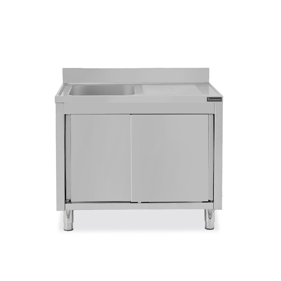 Spülschrank, Edelstahl, Abtropffläche rechts, Schiebetüren, 1 Becken, Aufkantung, B 1100 mm x T 600 mm x H 950 mm