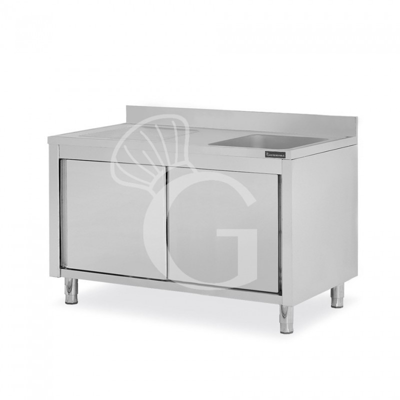 Spülschrank, Edelstahl, Abtropffläche links, Schiebetüren, 1 Becken, Aufkantung, B 1400 mm x T 700 mm x H 950 mm