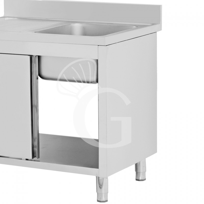 Spülschrank, Edelstahl, Schiebetüren, 1 Becken, Abtropffläche links, Aufkantung, B 1200 x T 600 x H 965 mm, Hahnloch (Ø 32 mm)