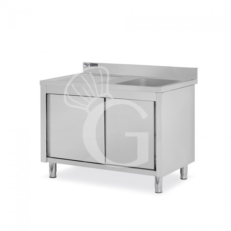 Spülschrank, Edelstahl, Schiebetüren, 1 Becken, Abtropffläche links, B 1300 x T 600 x H 965 mm, Hahnloch (Ø 32 mm)