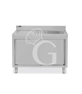 Spülschrank, Edelstahl, Schiebetüren, 1 Becken, Abtropffläche links, B 1300 x T 600 x H 965 mm, Hahnloch (Ø 32 mm)