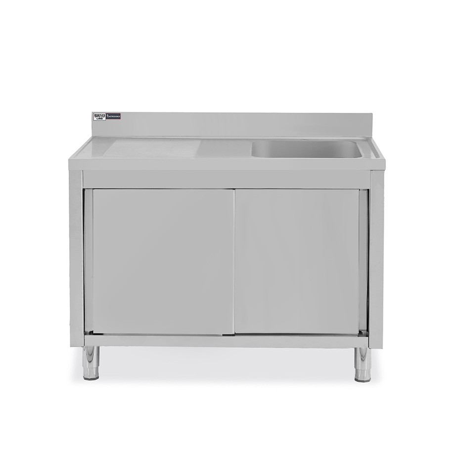 Spülschrank, Edelstahl, Schiebetüren, 1 Becken, Abtropffläche links, B 1300 x T 600 x H 965 mm, Hahnloch (Ø 32 mm)